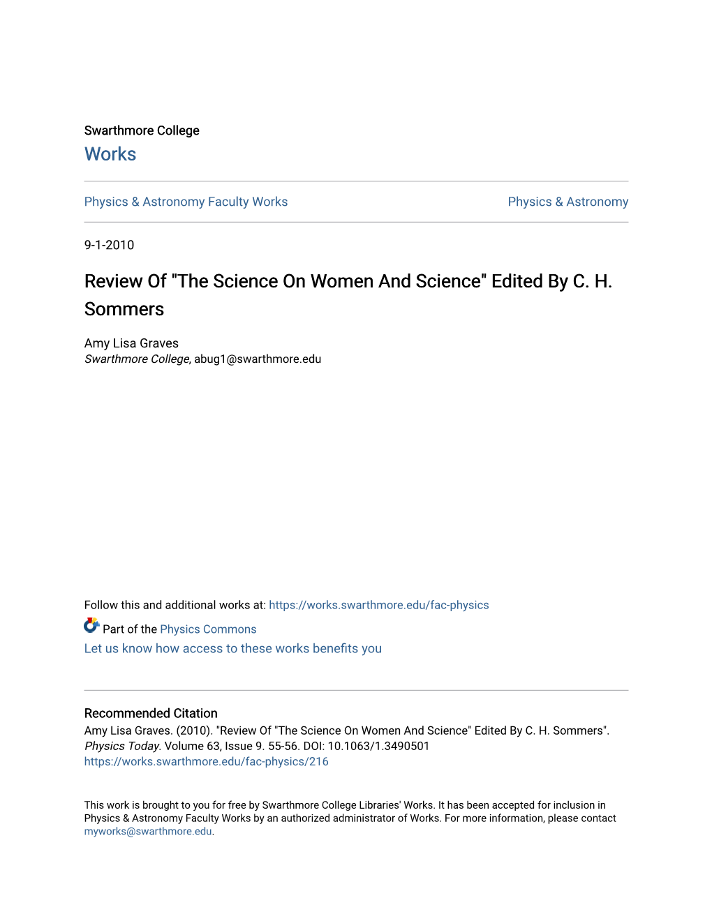 Review Of" the Science on Women and Science" Edited by CH Sommers