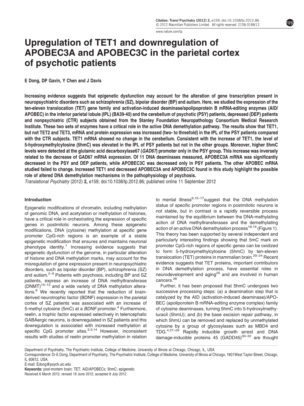 Upregulation of TET1 and Downregulation of APOBEC3A and APOBEC3C in the Parietal Cortex of Psychotic Patients