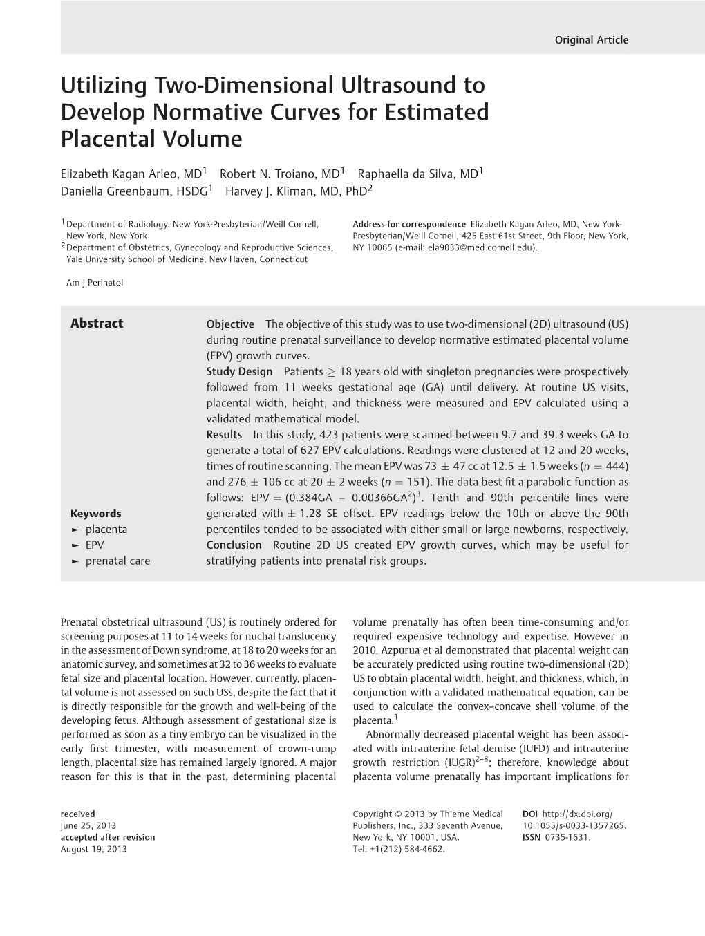 Utilizing Two-Dimensional Ultrasound to Develop Normative Curves for Estimated Placental Volume