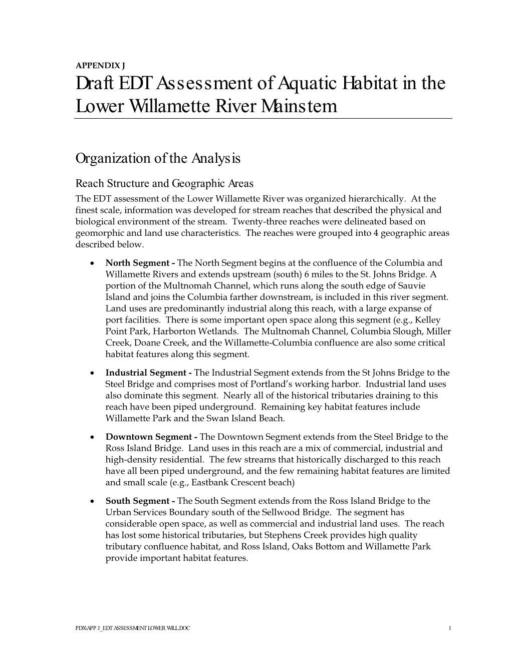 Draft EDT Assessment of Aquatic Habitat in the Lower Willamette River Mainstem