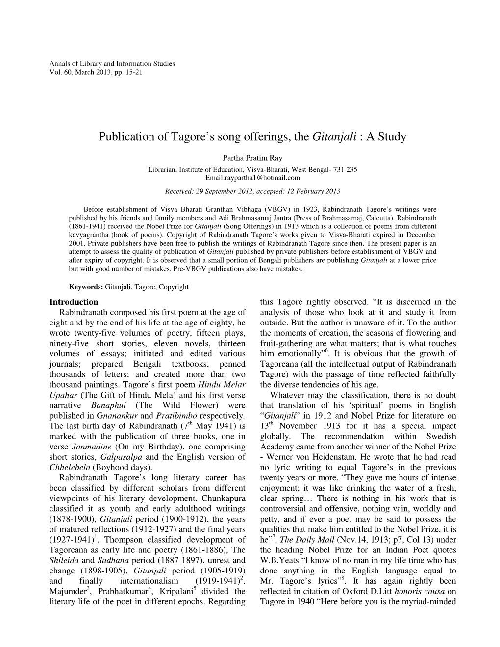 Publication of Tagore's Song Offerings, the Gitanjali