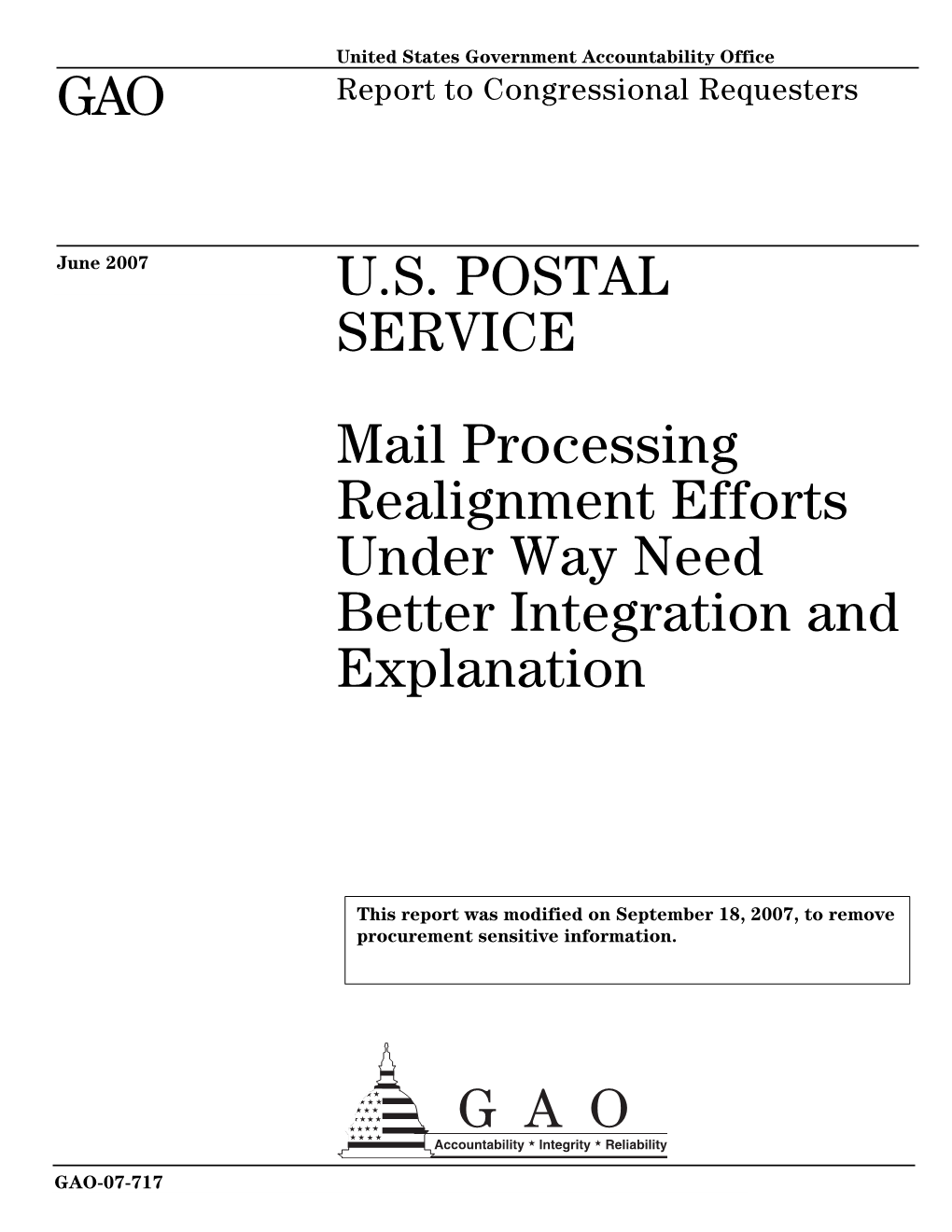 GAO-07-717 U.S. Postal Service: Mail Processing Realignment Efforts