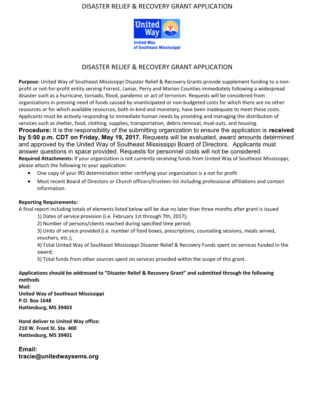 Disaster Relief & Recovery Grant Application