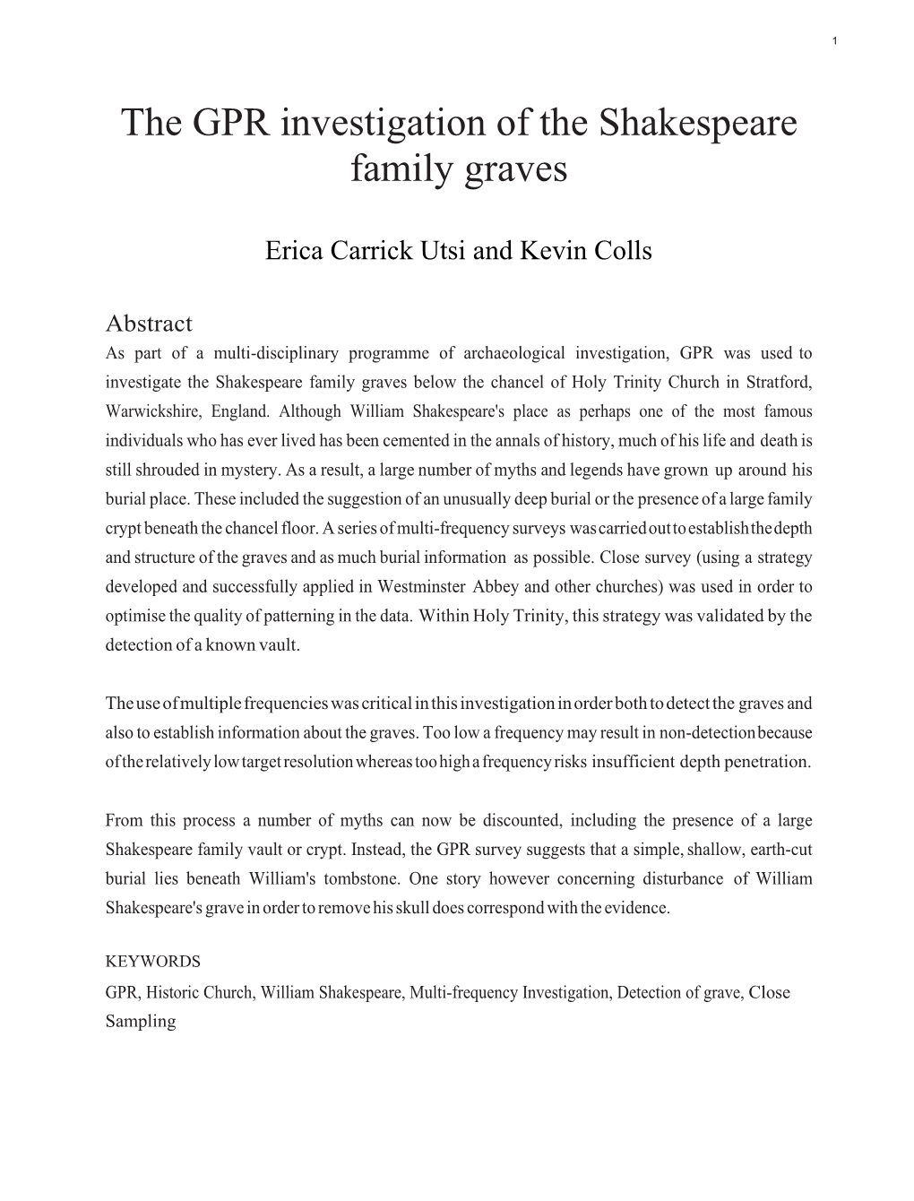 The GPR Investigation of the Shakespeare Family Graves