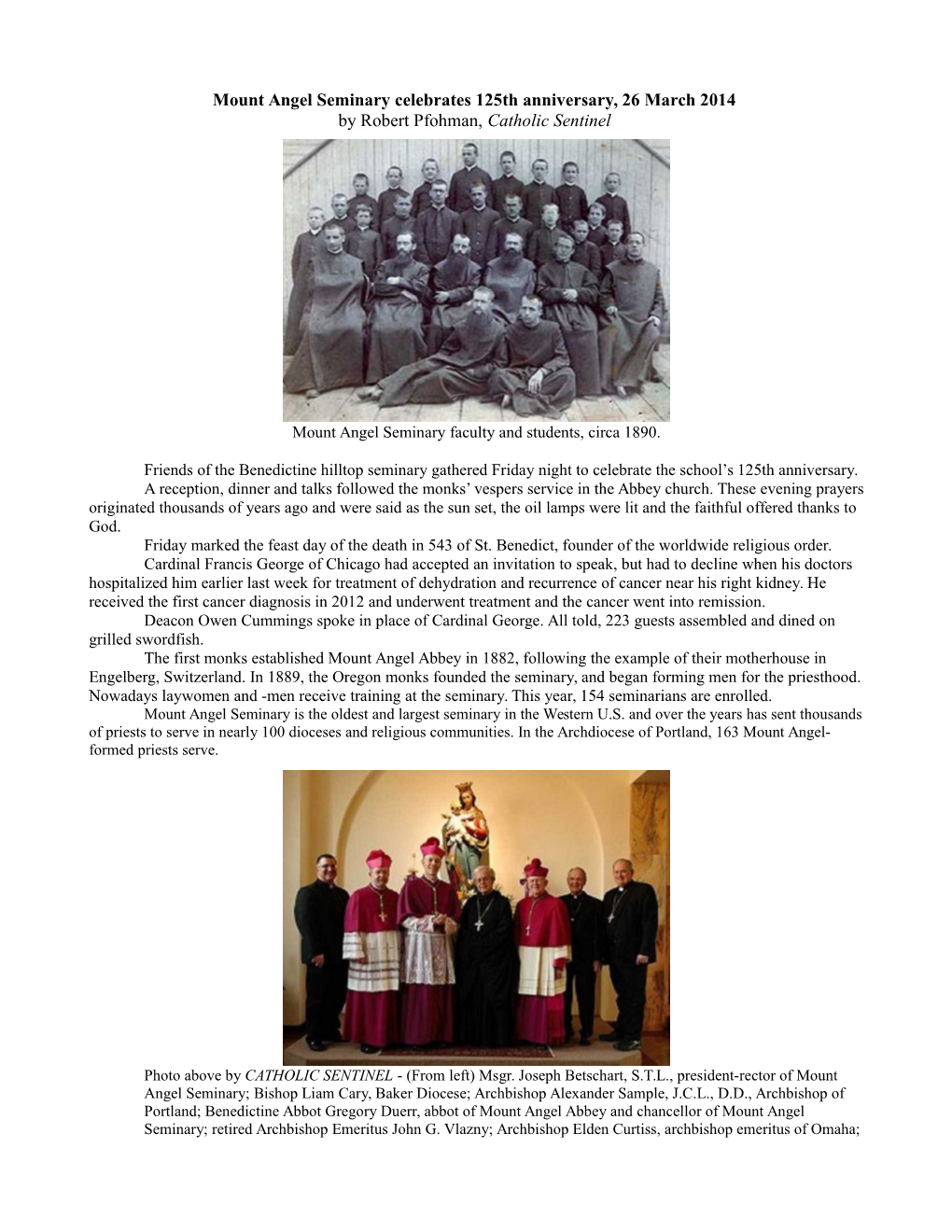 Mount Angel Seminary Celebrates 125Th Anniversary, 26 March 2014 by Robert Pfohman, Catholic Sentinel