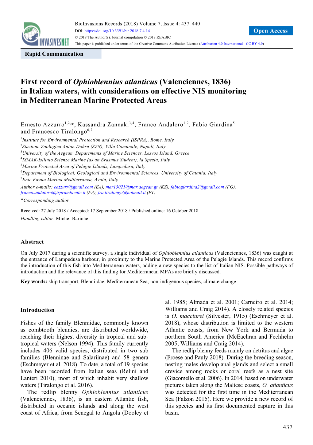 First Record of Ophioblennius Atlanticus (Valenciennes, 1836) in Italian Waters, with Considerations on Effective NIS Monitoring