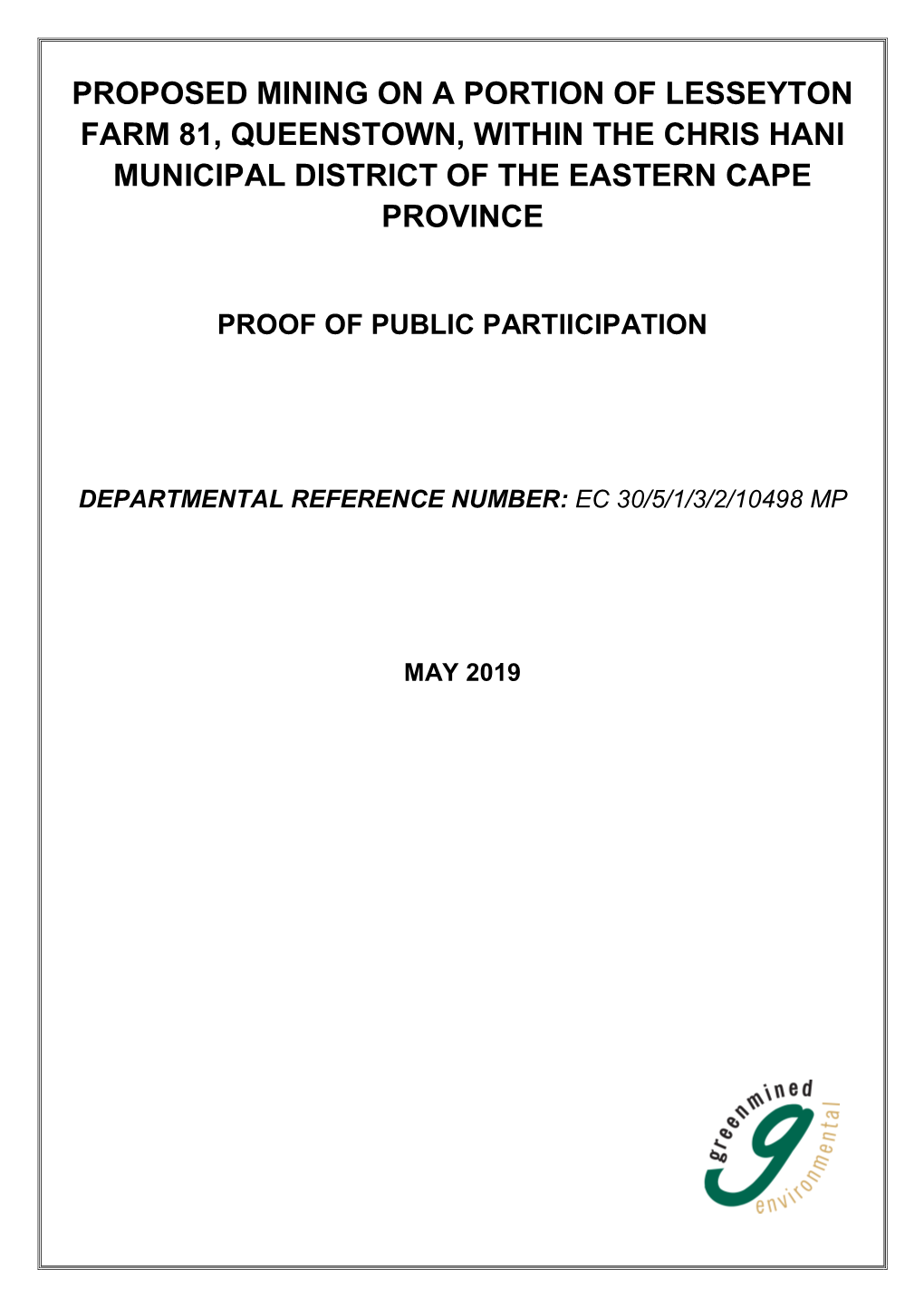 Proposed Mining on a Portion of Lesseyton Farm 81, Queenstown, Within the Chris Hani Municipal District of the Eastern Cape Province