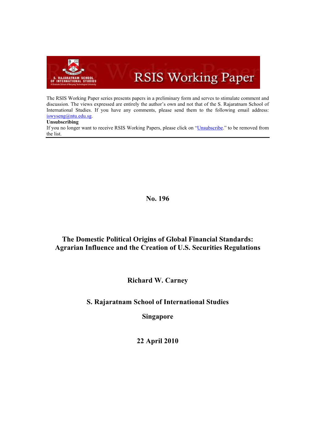 No. 196 the Domestic Political Origins of Global Financial Standards