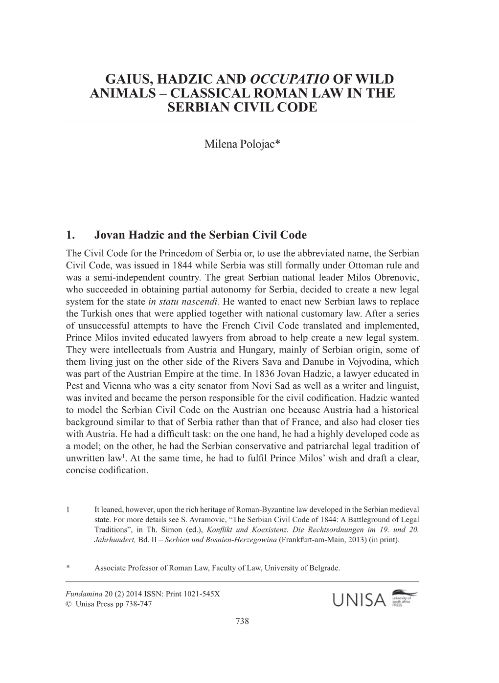 Gaius, Hadzic and Occupatio of Wild Animals – Classical Roman Law in the Serbian Civil Code