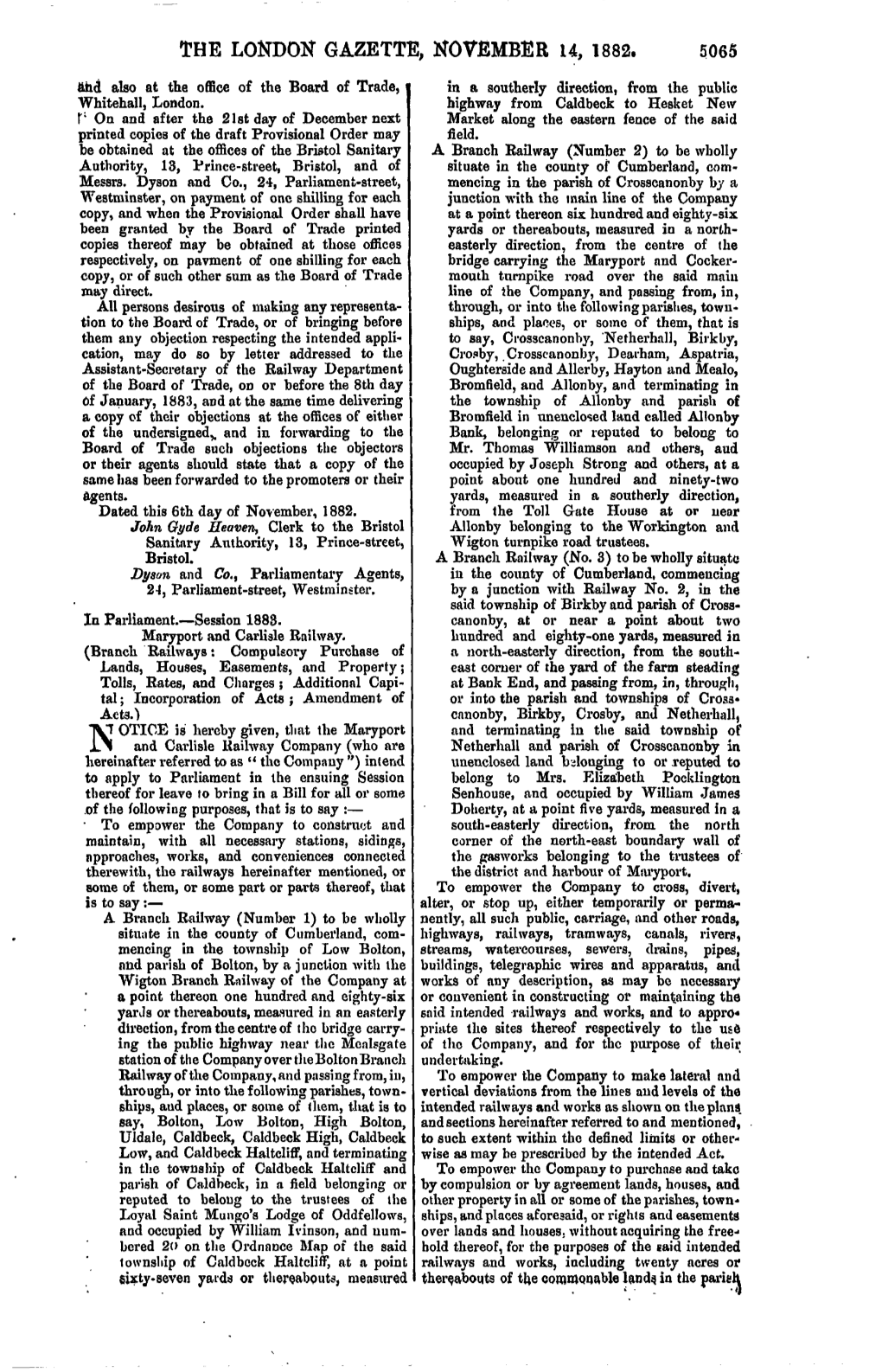 THE LONDON GAZETTE, NOVEMBER 14, 1882. 5065 Fthd Also at the Office of the Board of Trade, I in a Southerly Direction, from the Public Whitehall, London