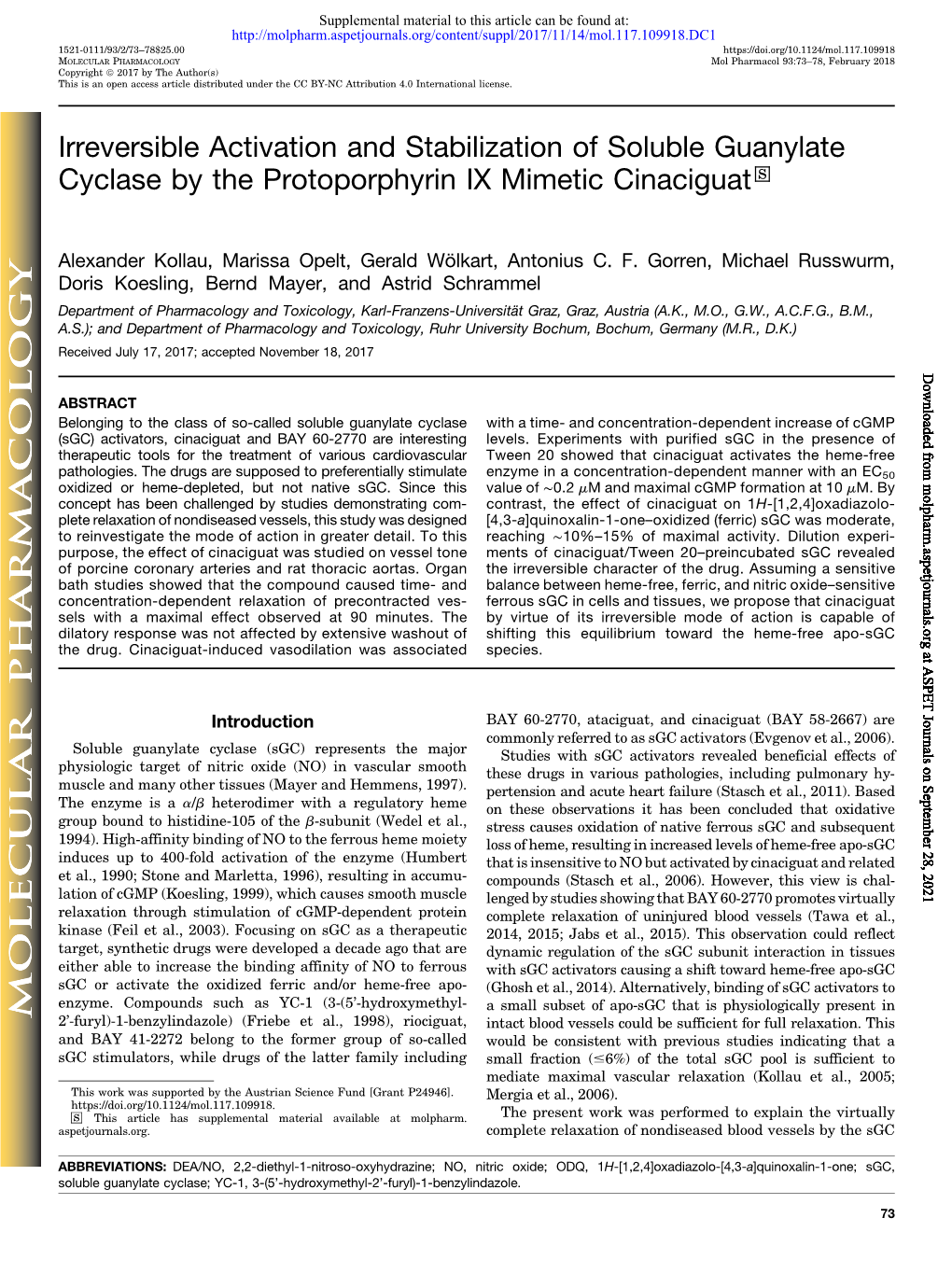 Irreversible Activation and Stabilization of Soluble Guanylate Cyclase by the Protoporphyrin IX Mimetic Cinaciguat S