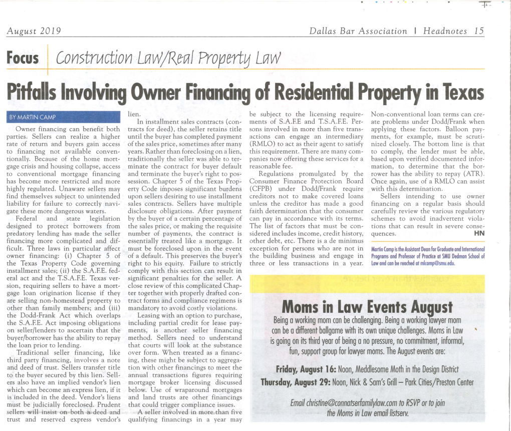 Pitfalls Involving Owner Financing of Residential Property in Texas