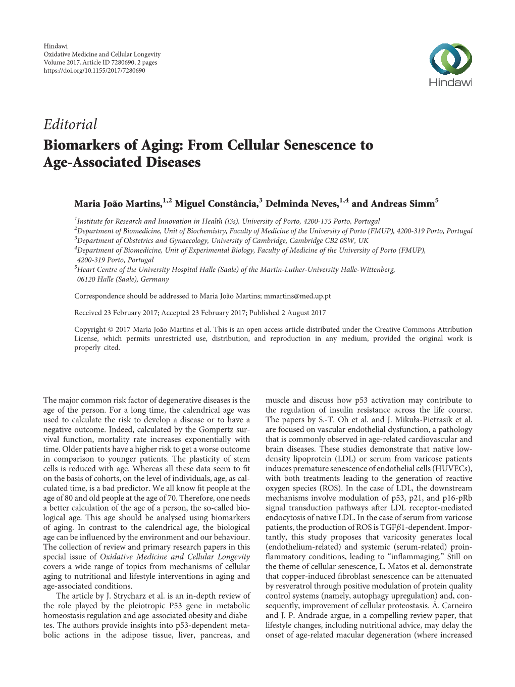 Editorial Biomarkers of Aging: from Cellular Senescence to Age-Associated Diseases