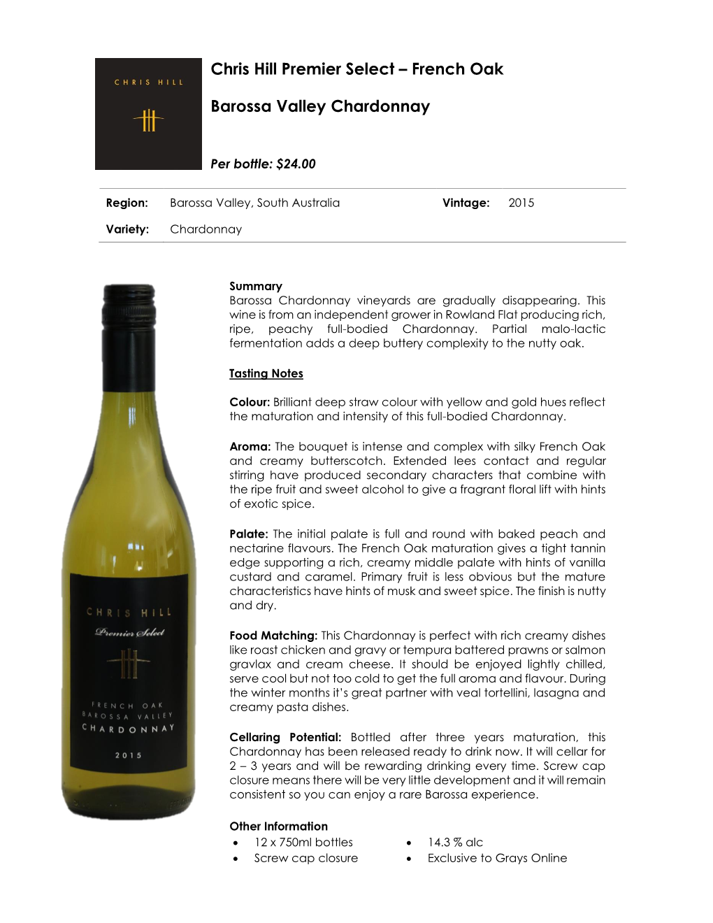 Chris Hill Premier Select – French Oak Barossa Valley Chardonnay
