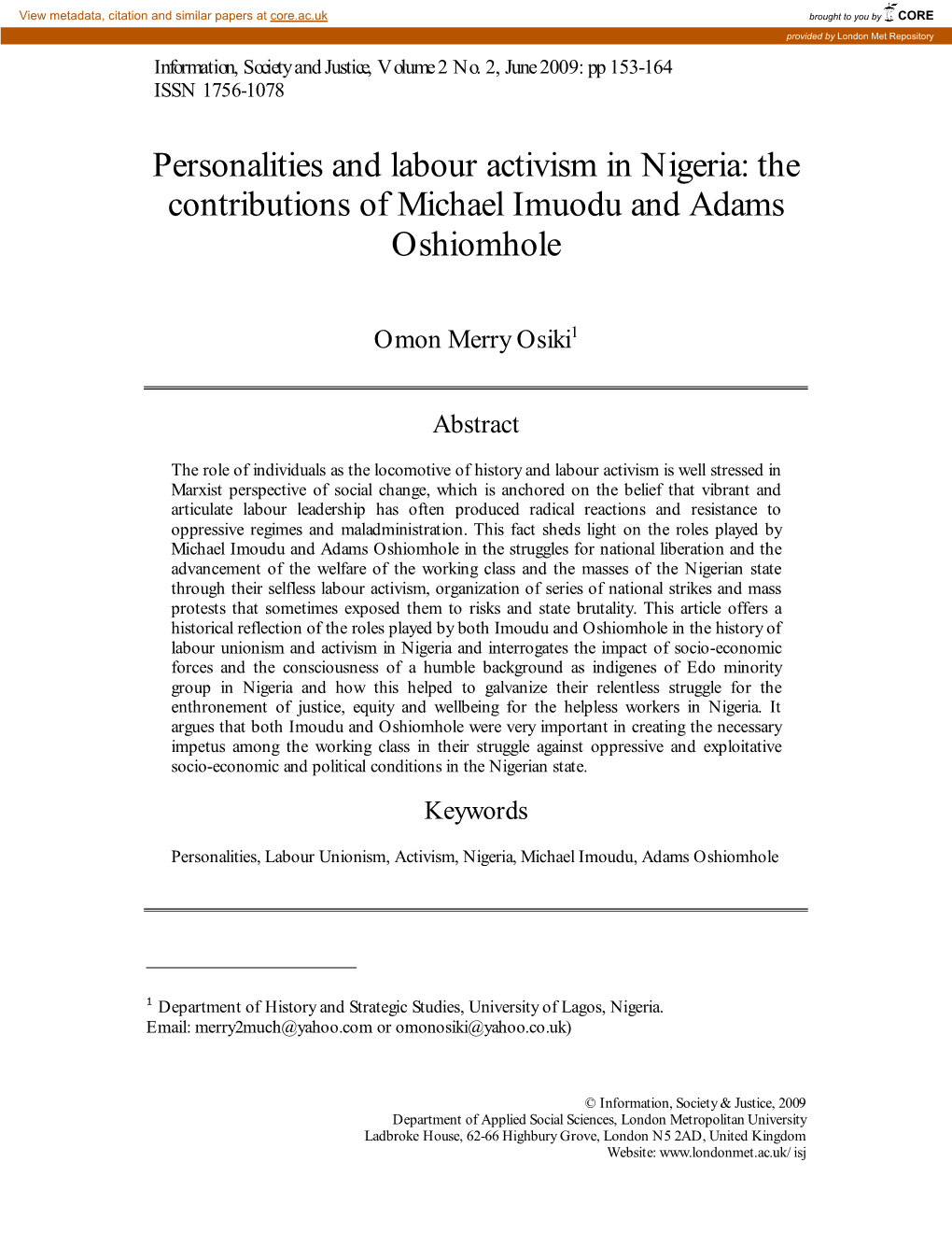 Personalities and Labour Activism in Nigeria: the Contributions of Michael Imuodu and Adams Oshiomhole