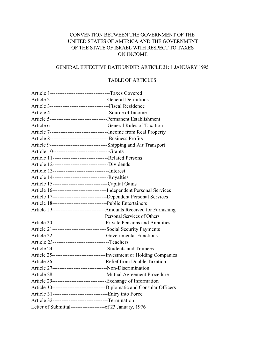 Convention Between the Government of the United States of America and the Government of the State of Israel with Respect to Taxes on Income