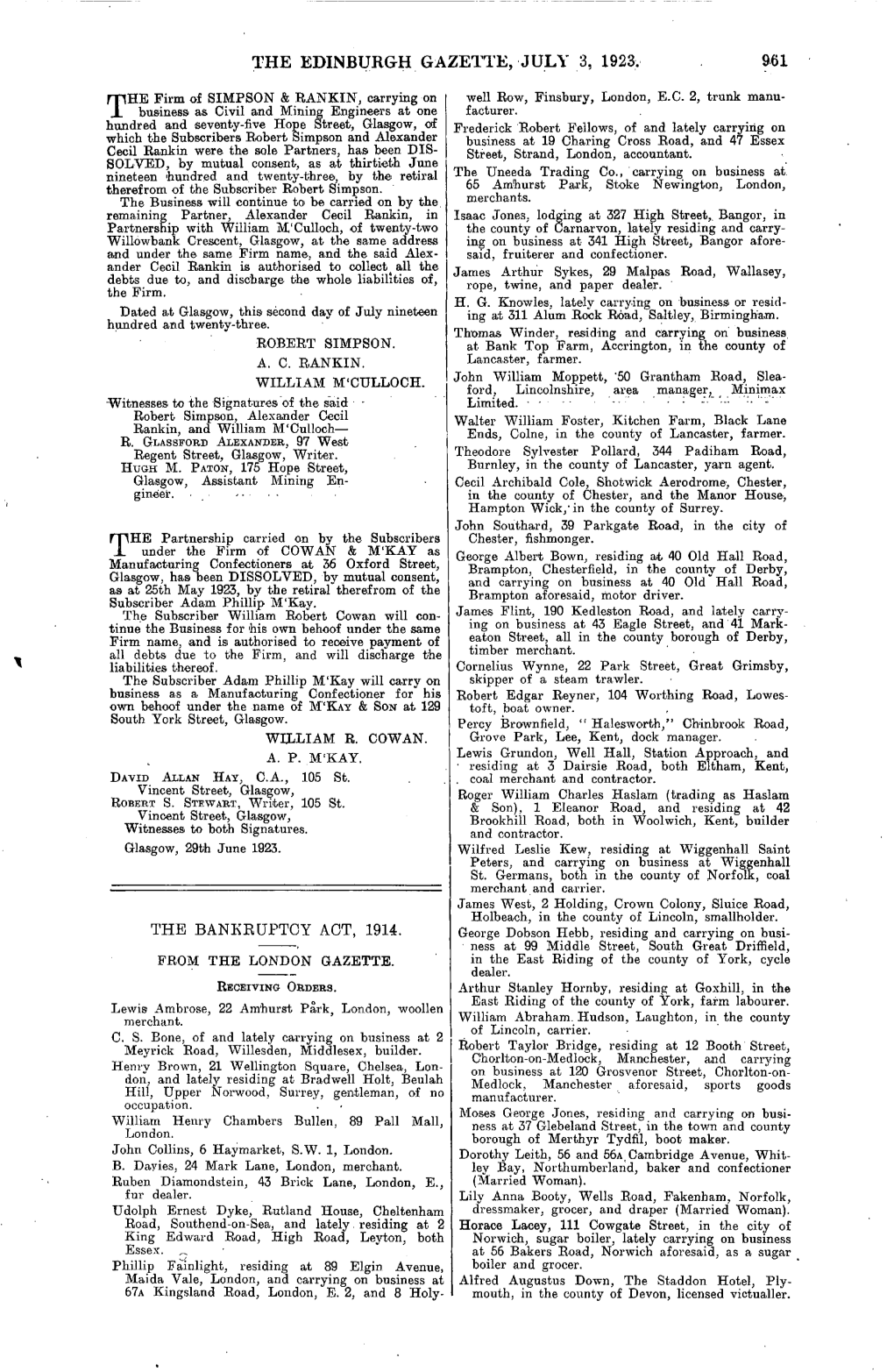 The Edinburgh Gazette, July 3, 1923, the Bankruptcy Act