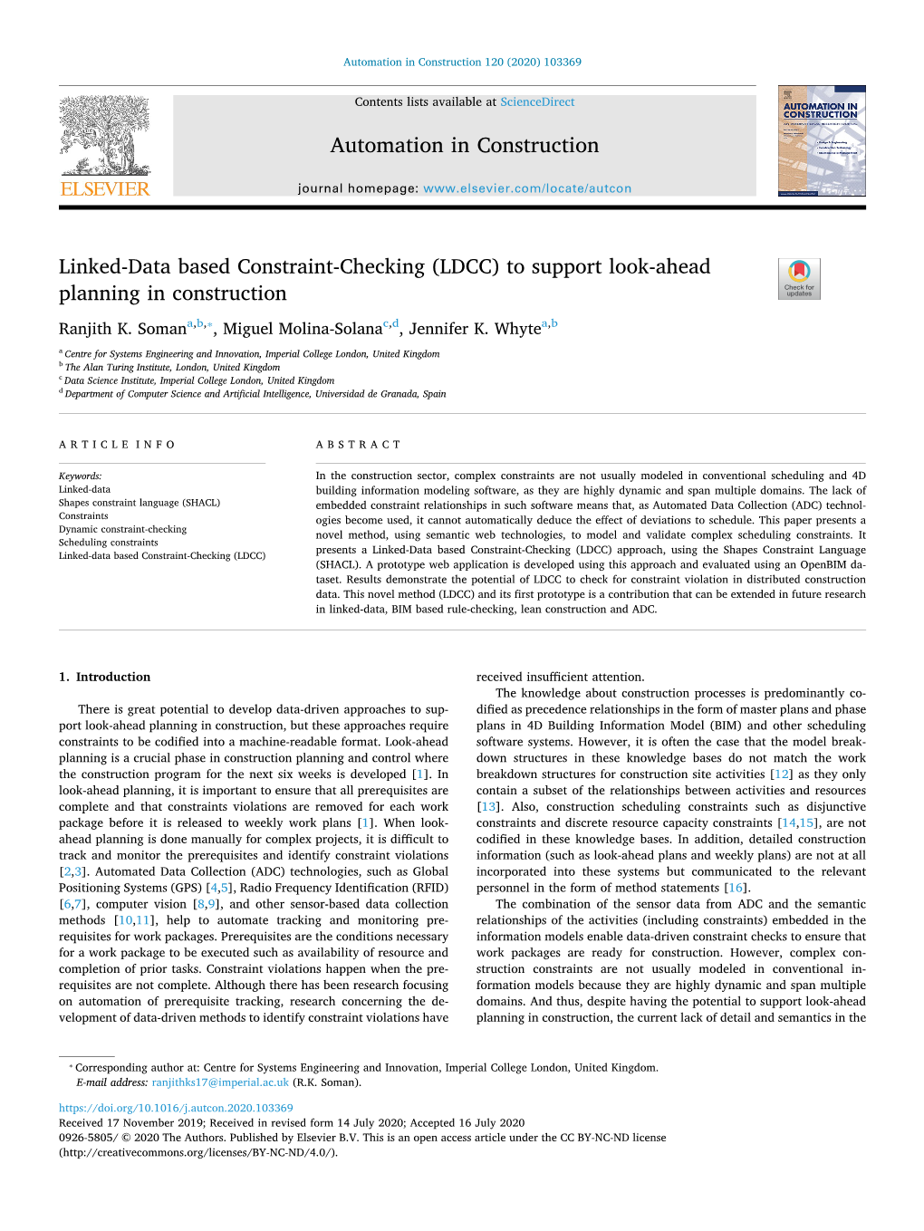 Linked-Data Based Constraint-Checking (LDCC) to Support Look-Ahead T Planning in Construction ⁎ Ranjith K