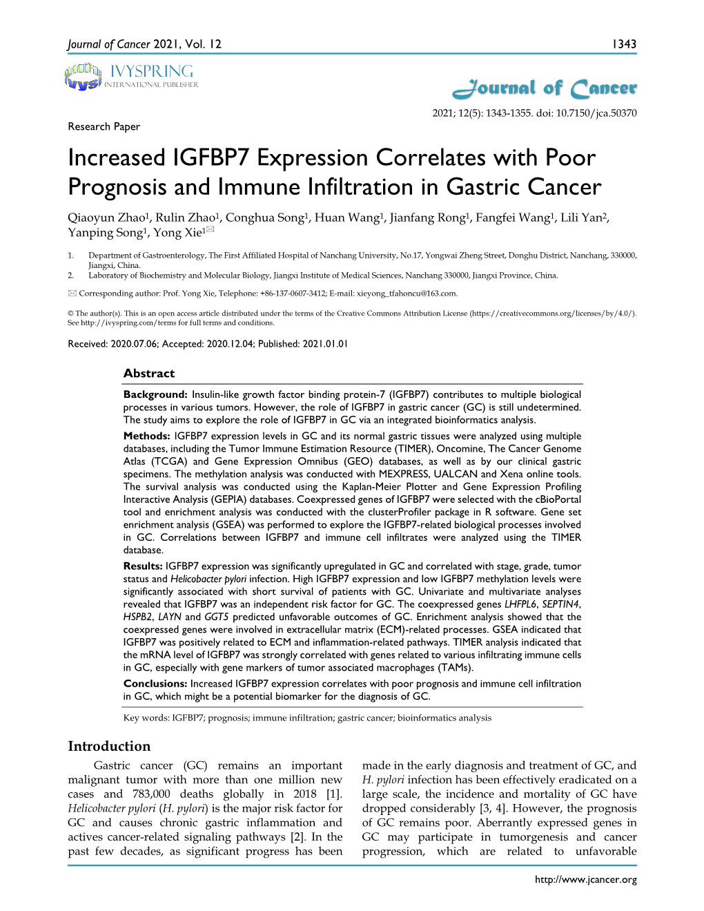 Increased IGFBP7 Expression Correlates with Poor Prognosis And