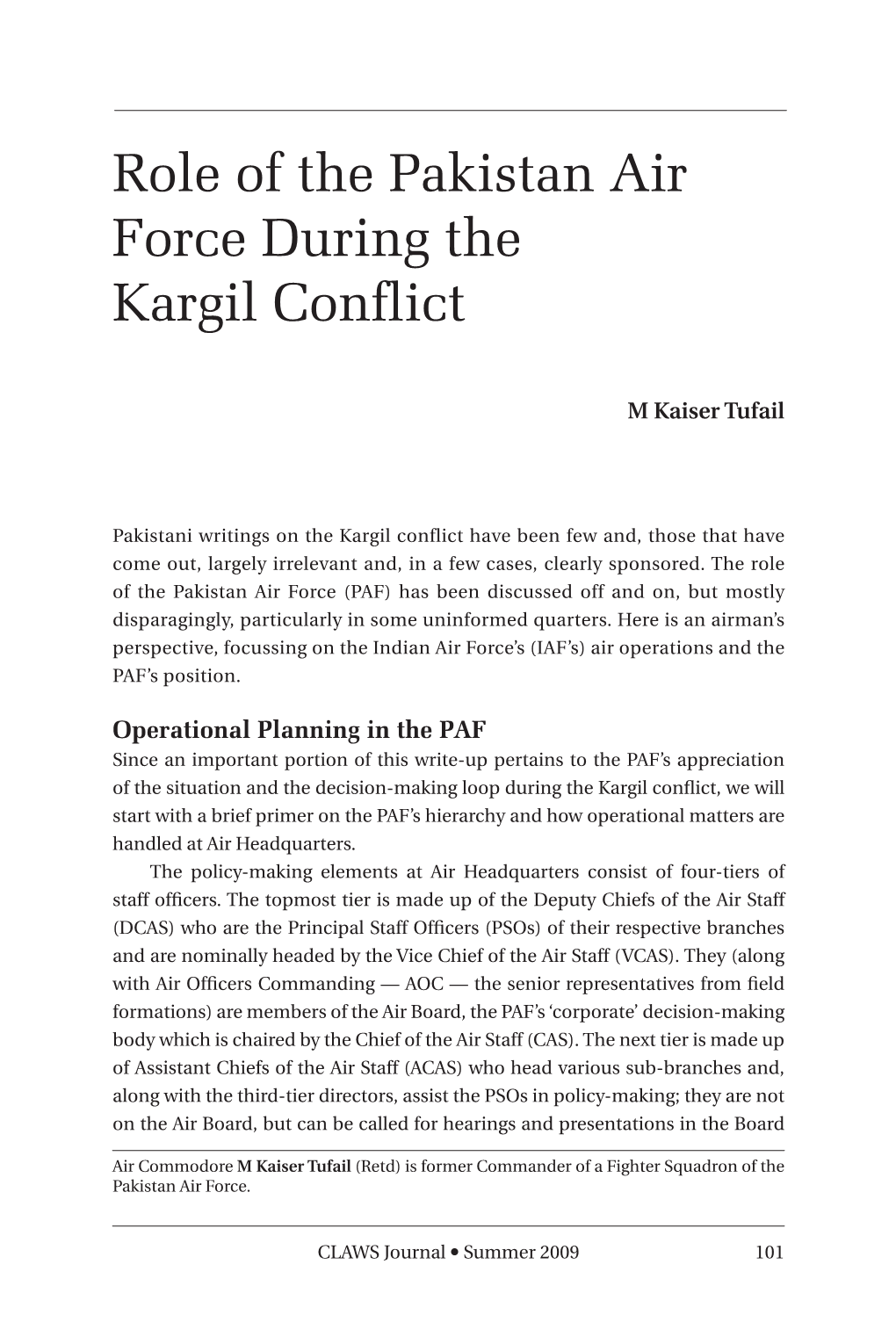 Role of the Pakistan Air Force During the Kargil Conflict, by M Kaiser Tufail