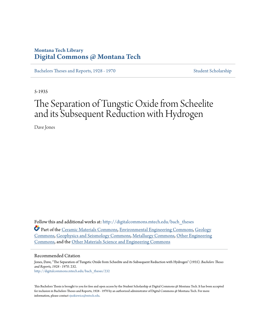 The Separation of Tungstic Oxide from Scheelite and Its Subsequent