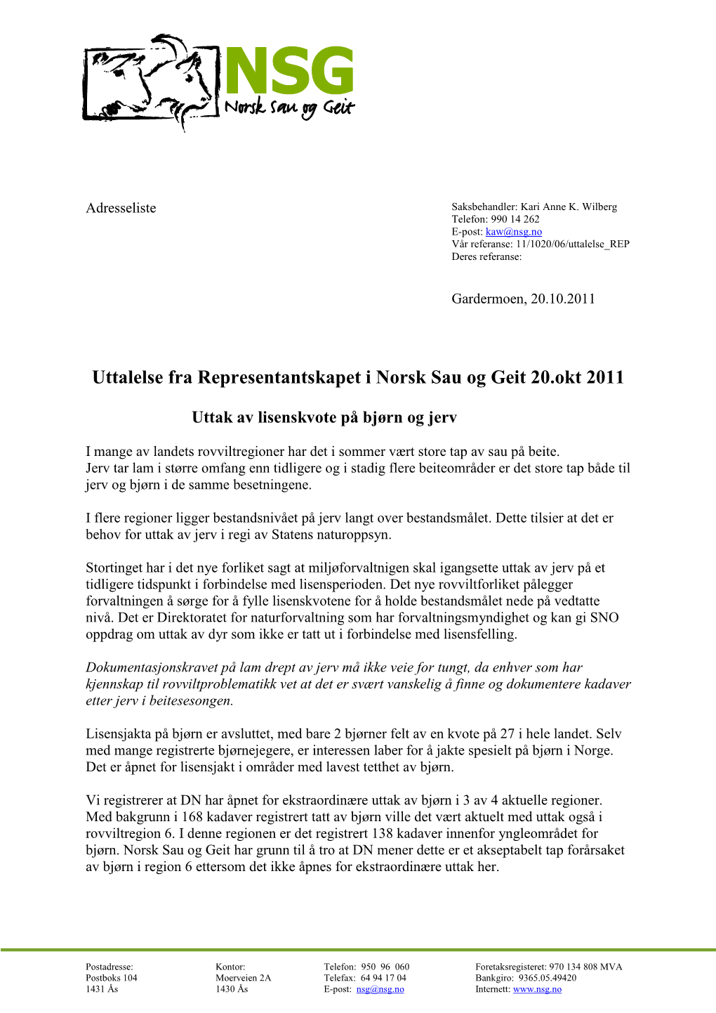 Uttalelse Fra Representantskapet I Norsk Sau Og Geit 20.Okt 2011