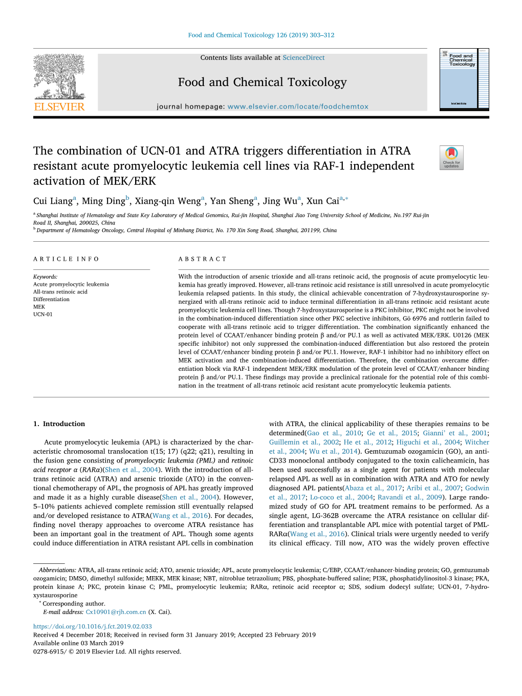 The Combination of UCN-01 and ATRA Triggers Differentiation in ATRA Resistant Acute Promyelocytic Leukemia Cell Lines Via RAF-1