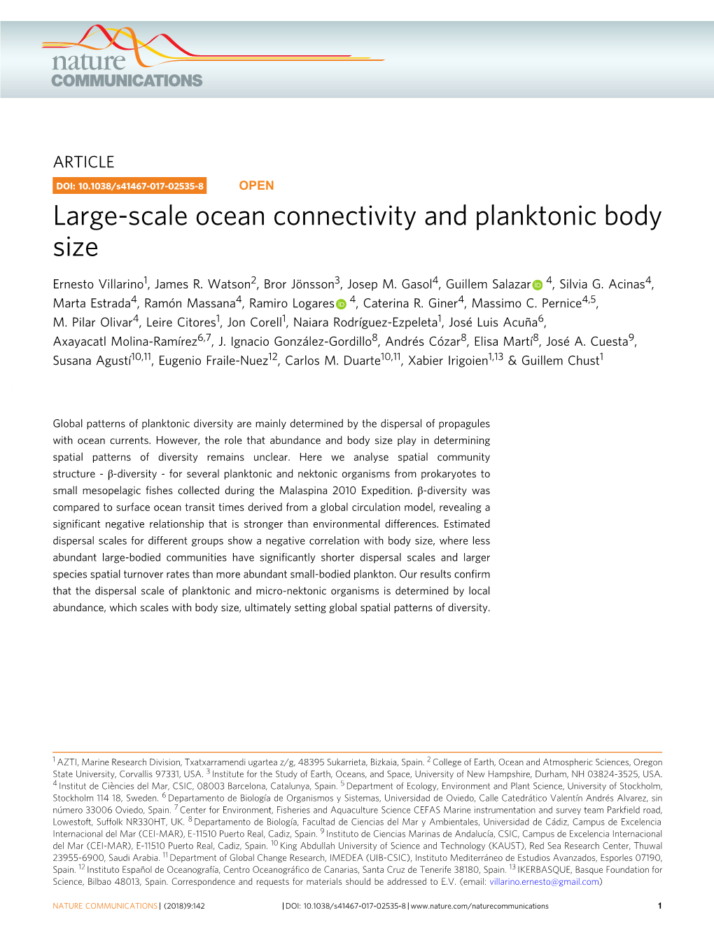 Large-Scale Ocean Connectivity and Planktonic Body Size