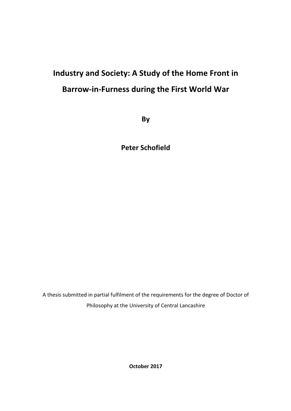 A Study of the Home Front in Barrow-In-Furness During the First