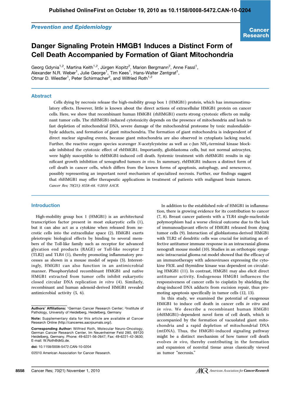 Danger Signaling Protein HMGB1 Induces a Distinct Form of Cell Death Accompanied by Formation of Giant Mitochondria