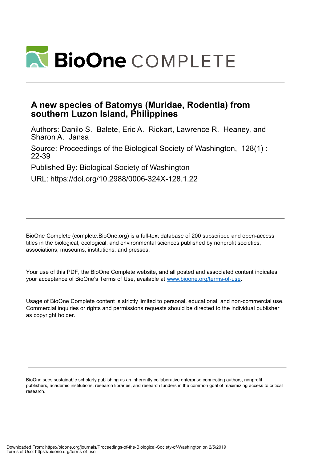 A New Species of Batomys (Muridae, Rodentia) from Southern Luzon Island, Philippines