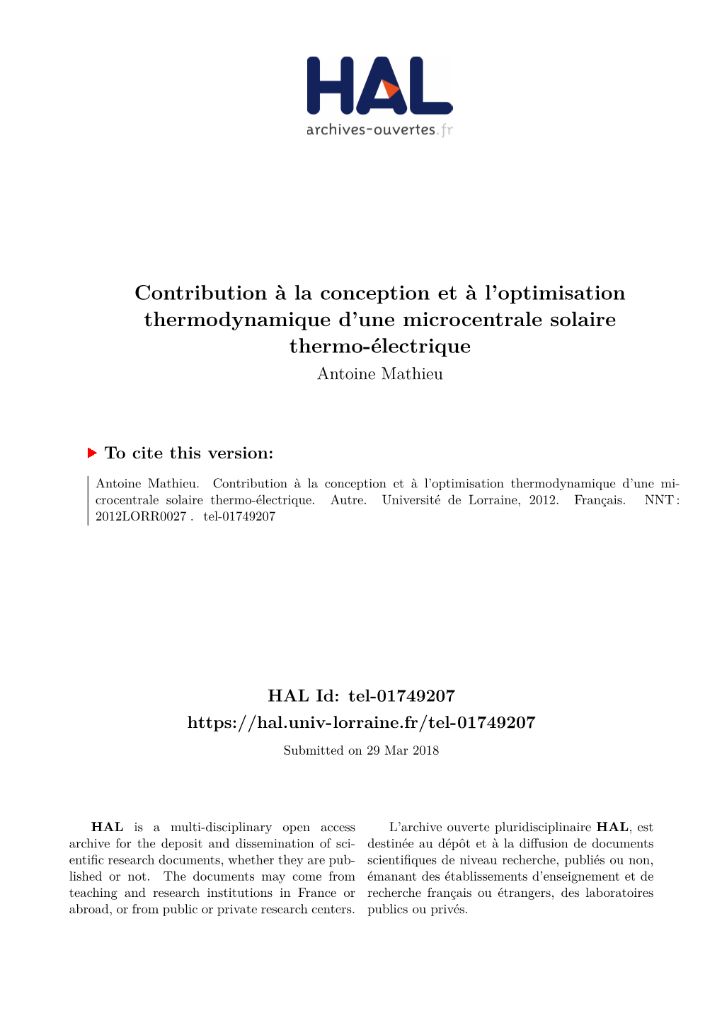 Contribution À La Conception Et À L'optimisation Thermodynamique D'une Microcentrale Solaire Thermo-Électrique