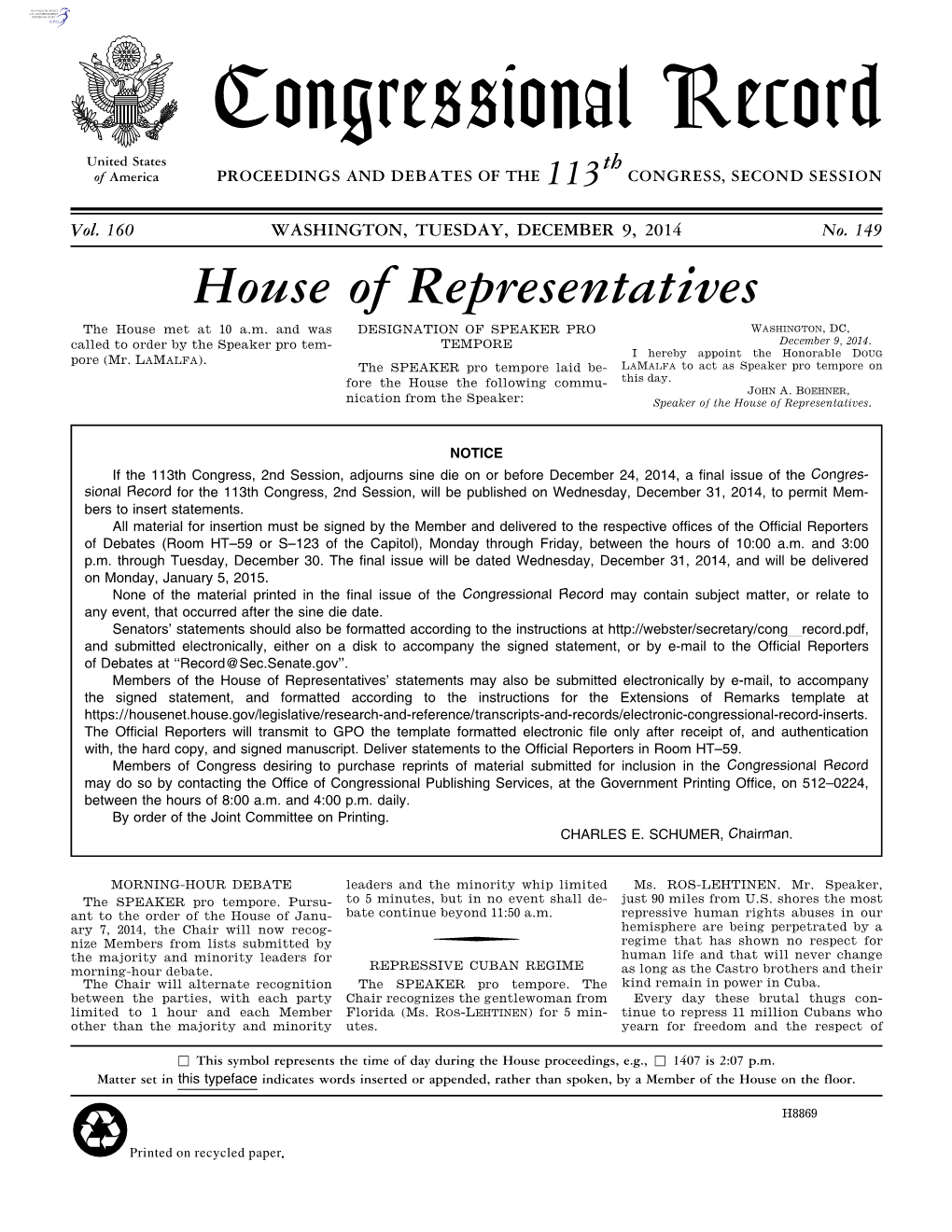 Congressional Record United States Th of America PROCEEDINGS and DEBATES of the 113 CONGRESS, SECOND SESSION