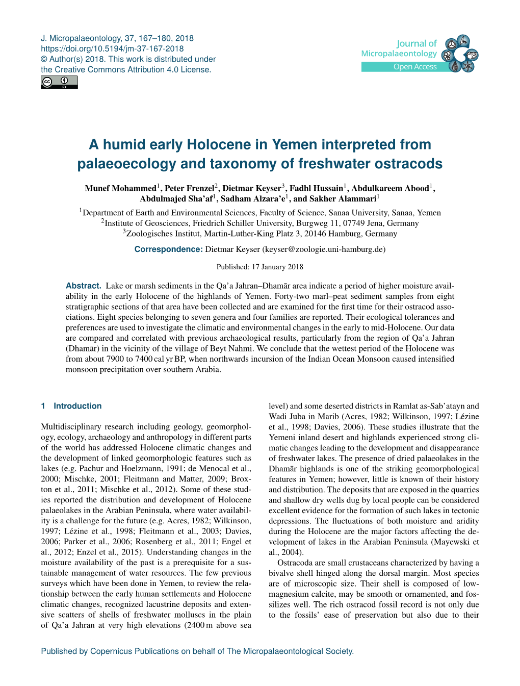 A Humid Early Holocene in Yemen Interpreted from Palaeoecology and Taxonomy of Freshwater Ostracods