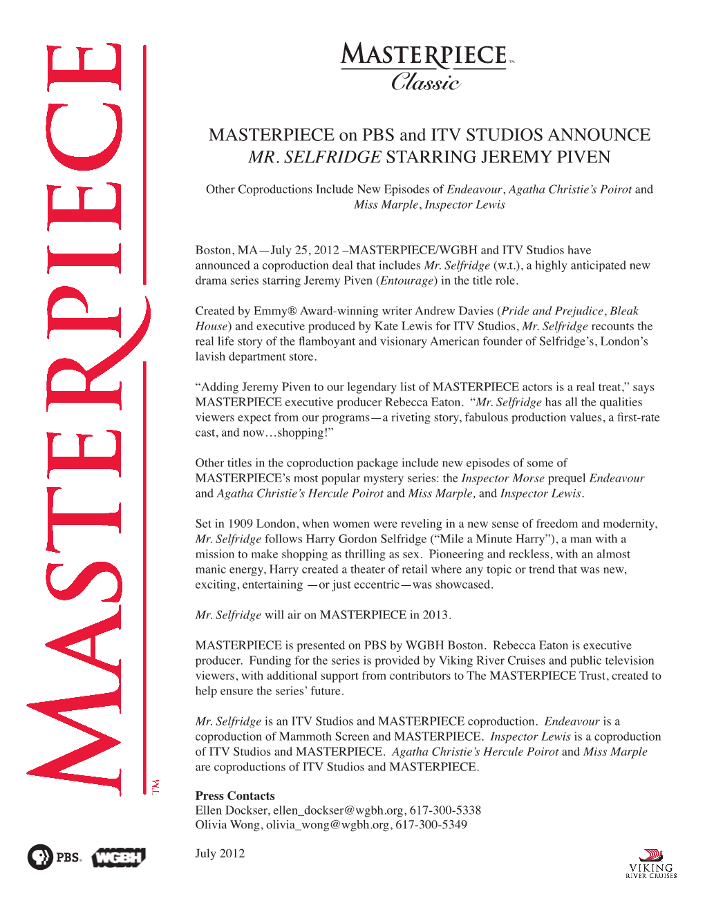 MASTERPIECE on PBS and ITV STUDIOS ANNOUNCE MR