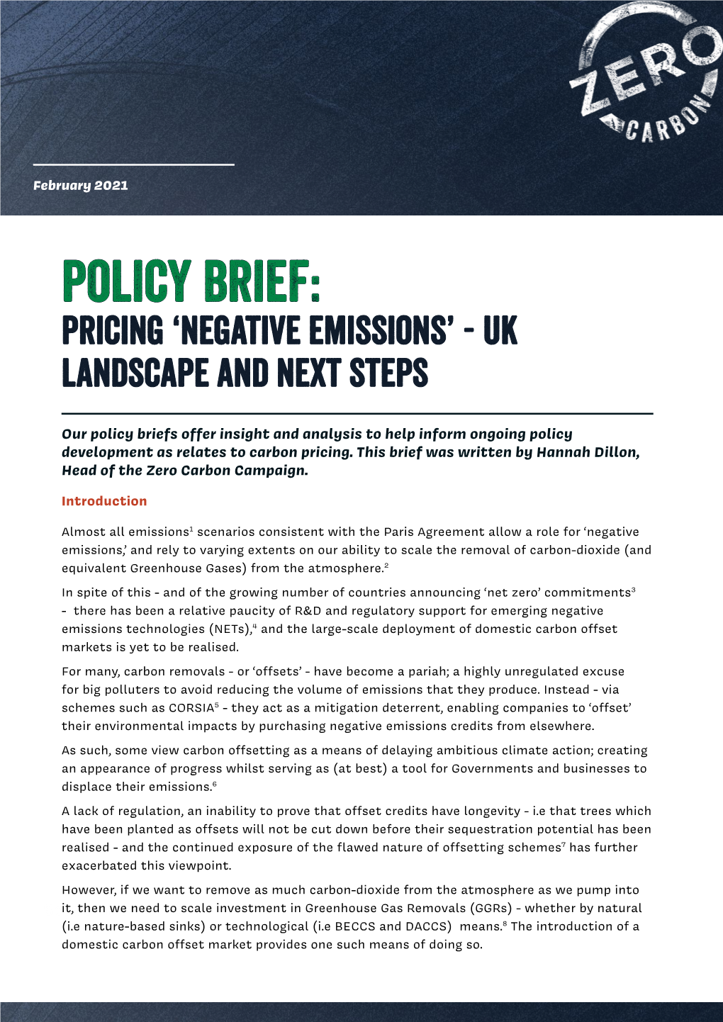 Policy Brief: PRICING ‘NEGATIVE EMISSIONS’ - UK LANDSCAPE and NEXT STEPS