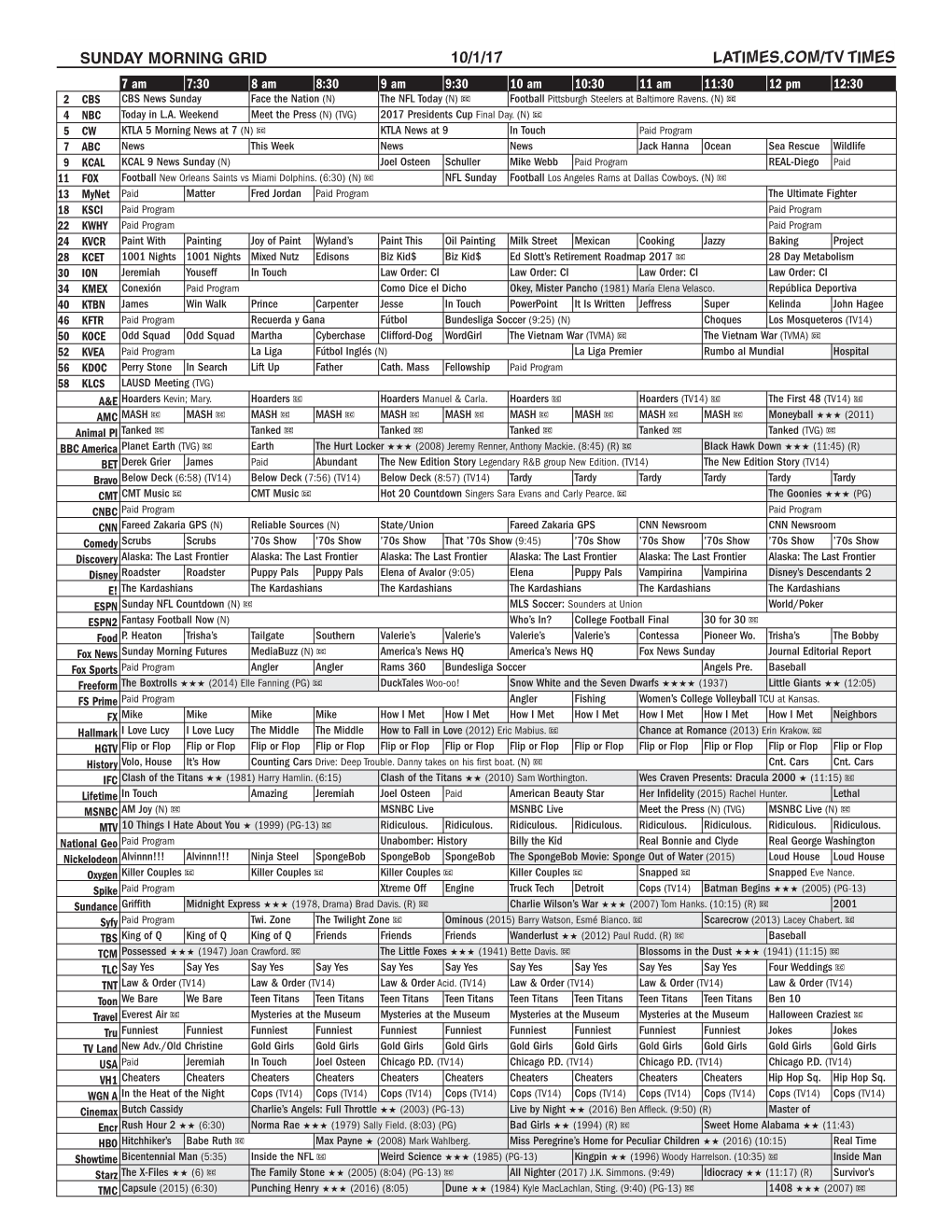 Sunday Morning Grid 10/1/17 Latimes.Com/Tv Times