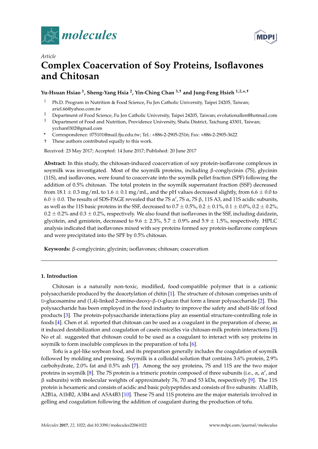 Complex Coacervation of Soy Proteins, Isoflavones and Chitosan