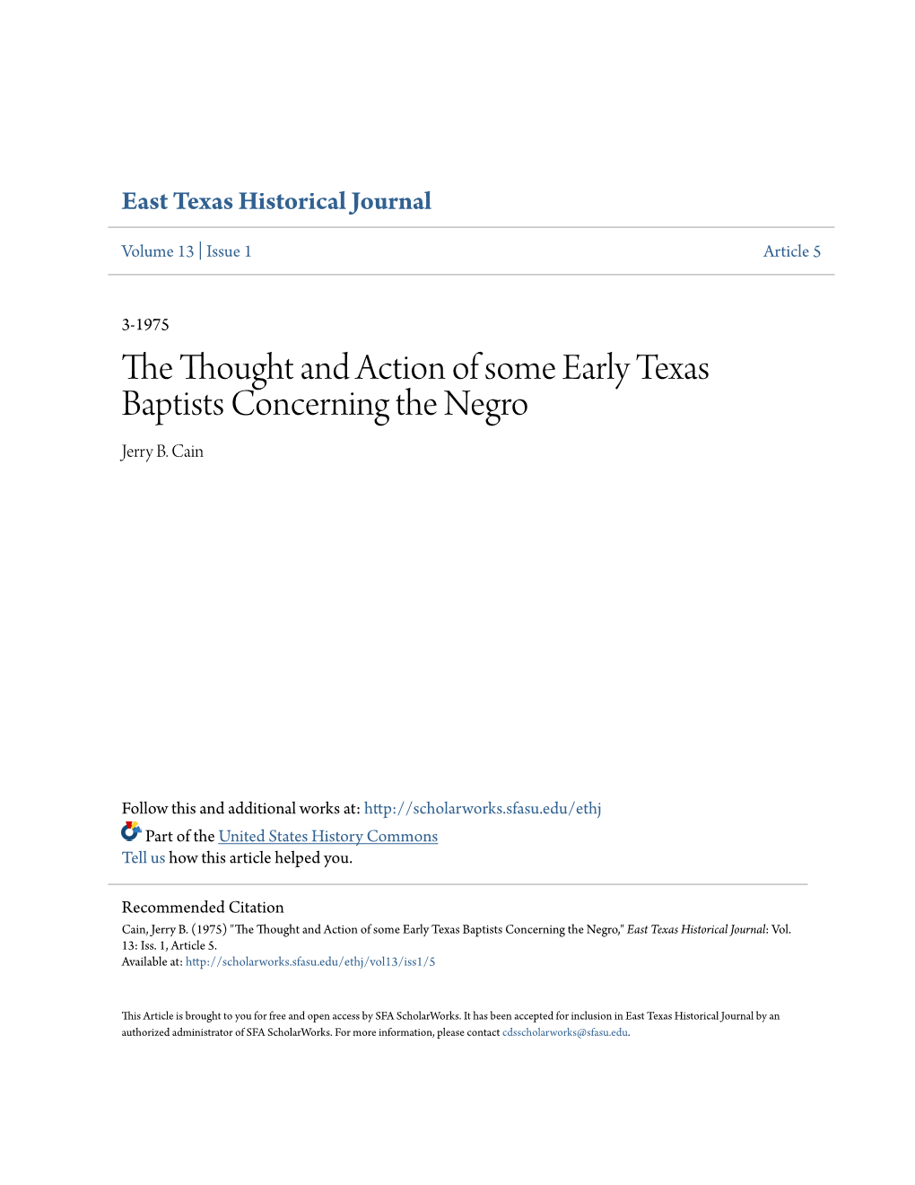 The Thought and Action of Some Early Texas Baptists Concerning the Negro Jerry B