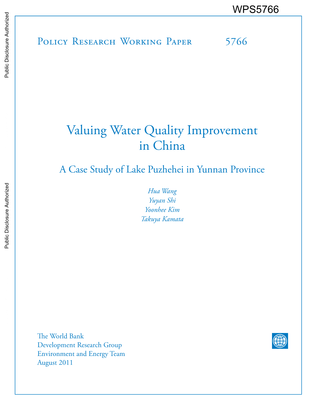 Valuing Water Quality Improvement in China. a Case Study of Lake