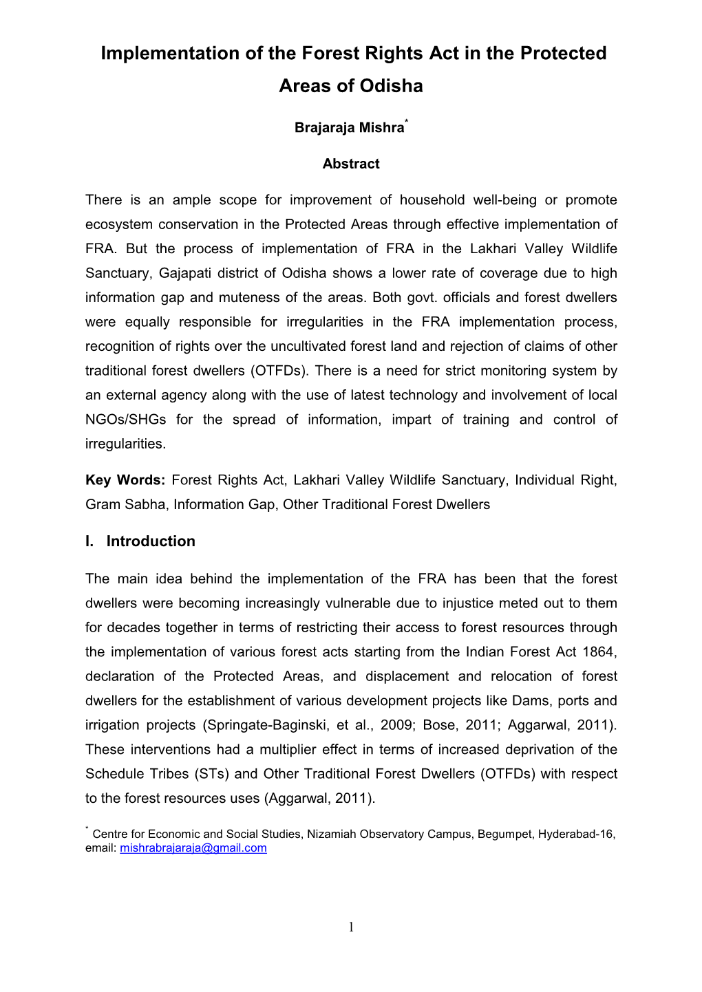 Implementation of the Forest Rights Act in the Protected Areas of Odisha