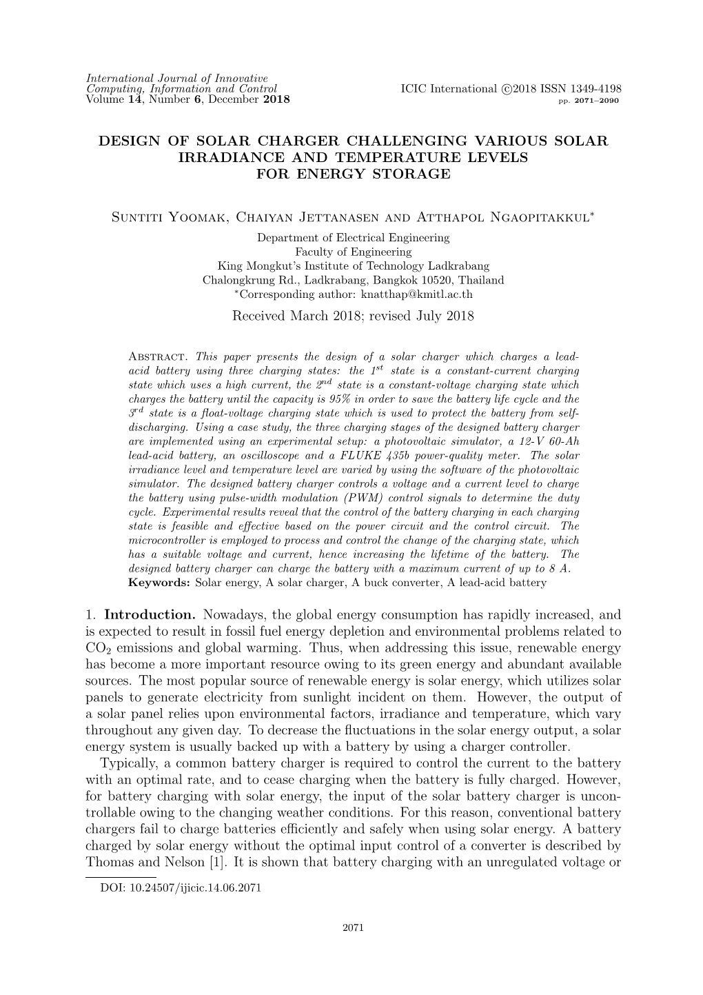 Design of Solar Charger Challenging Various Solar Irradiance and Temperature Levels for Energy Storage