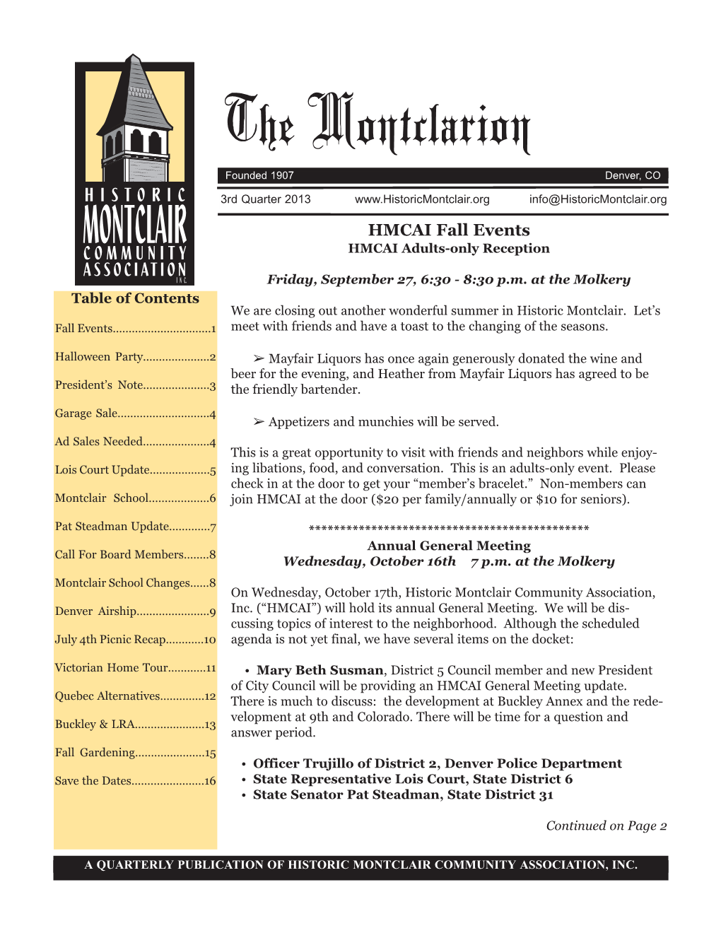 3Rd Quarter 2013 Info@Historicmontclair.Org