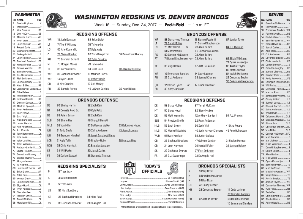 Washington Redskins Vs. Denver Broncos No