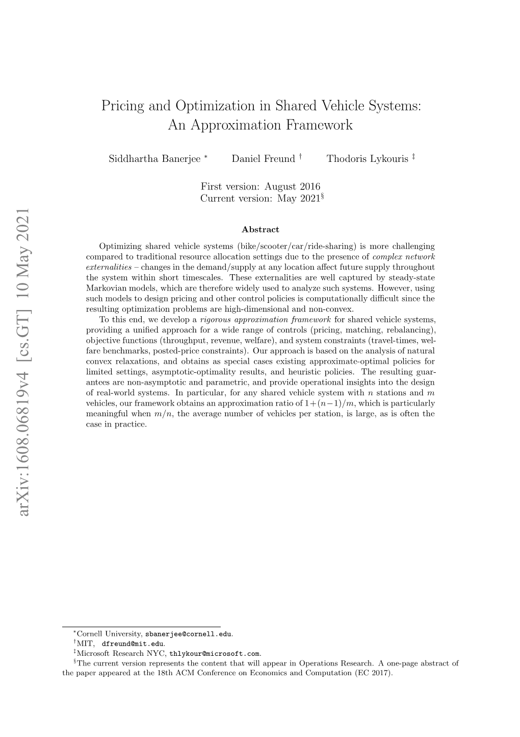 Pricing and Optimization in Shared Vehicle Systems: an Approximation