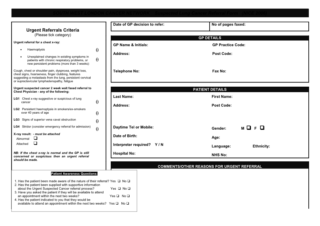 SOUTH WEST LONDON CANCER NETWORK: Lung Cancer Referral Form