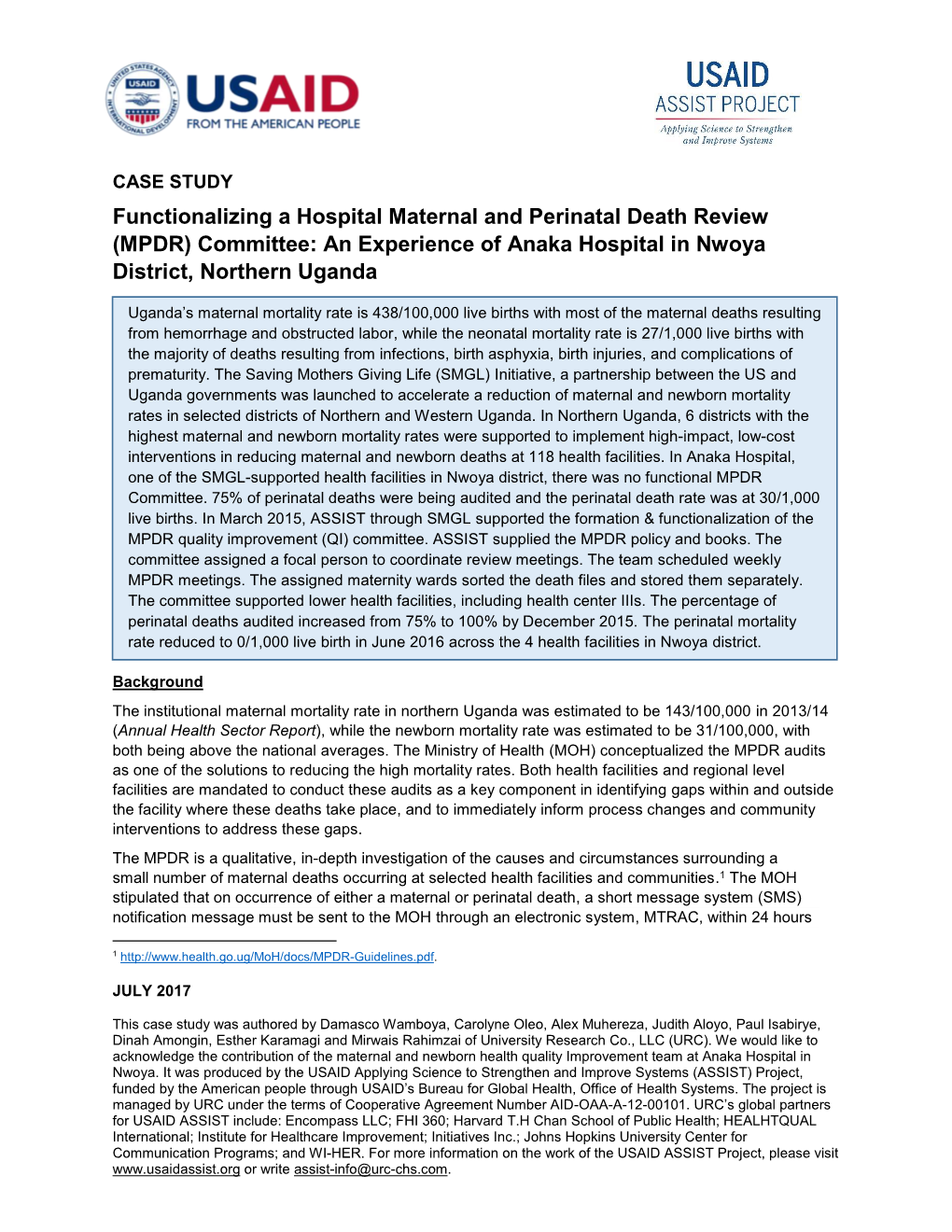 Functionalizing a Hospital Maternal and Perinatal Death Review (MPDR) Committee: an Experience of Anaka Hospital in Nwoya District, Northern Uganda