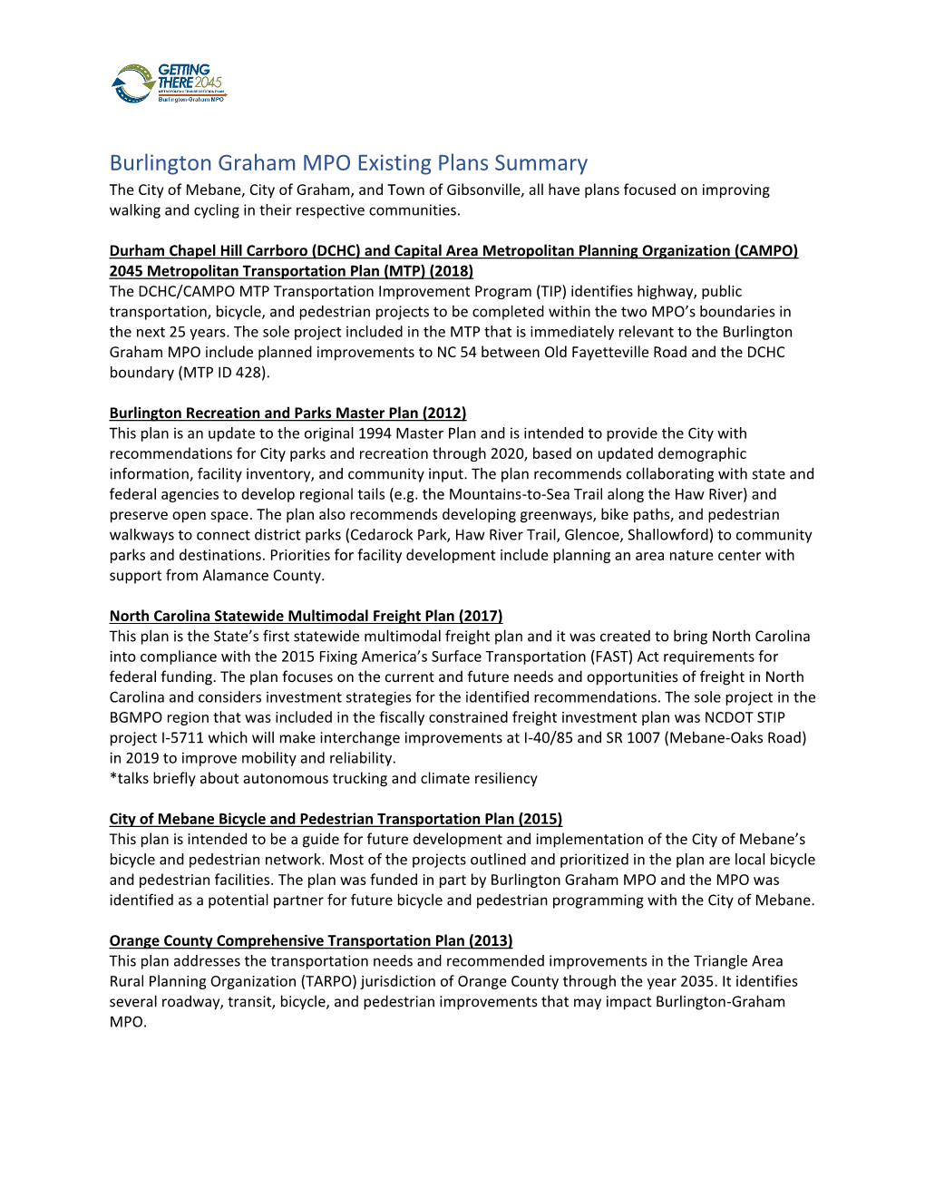 Burlington Graham MPO Existing Plans Summary