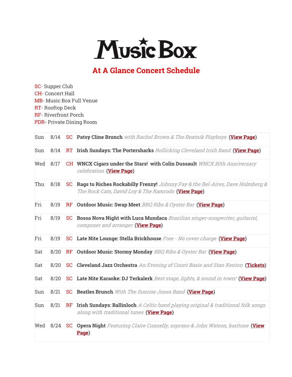 At a Glance Concert Schedule