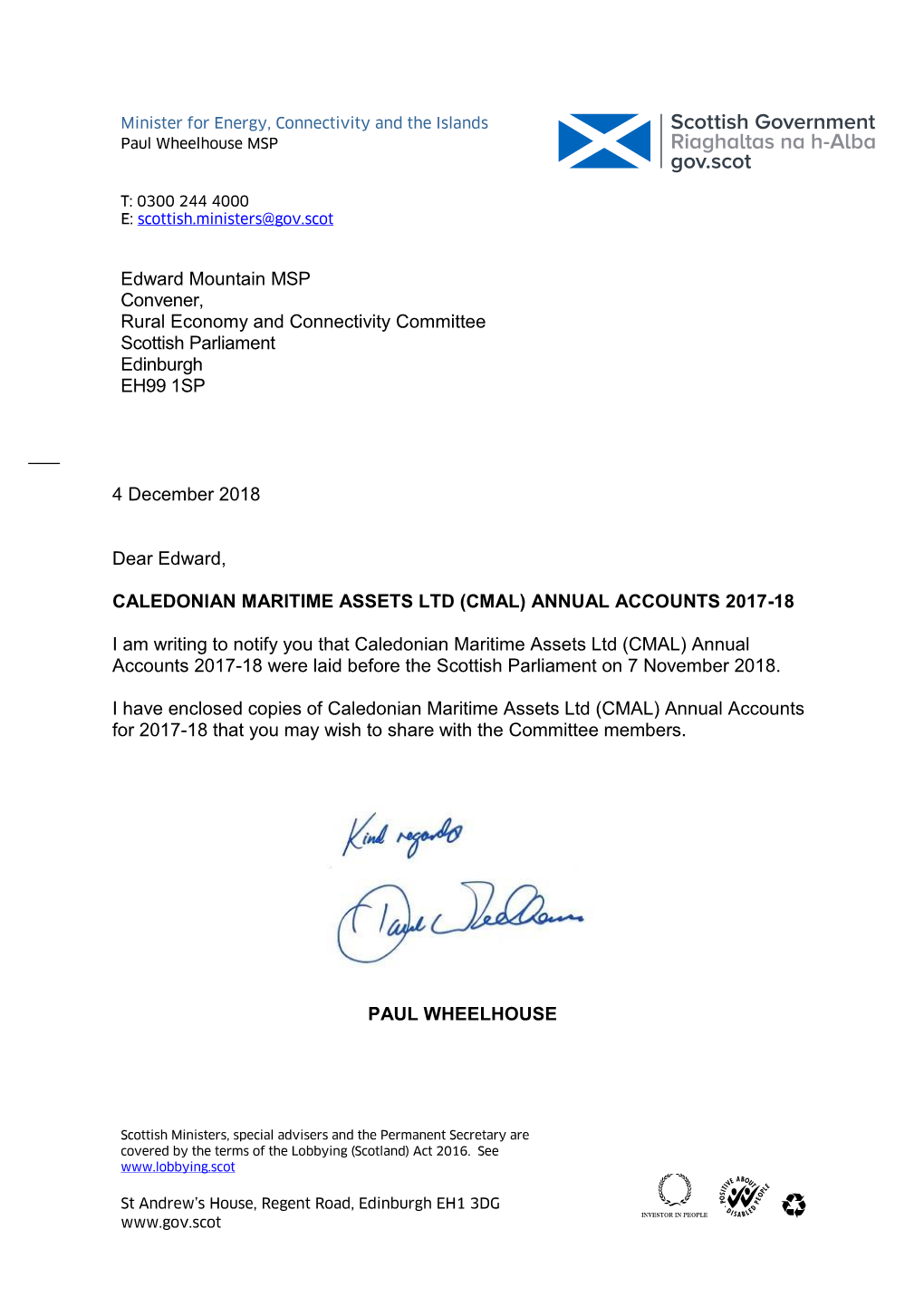 Letter from the Minister for Energy, Connectivity